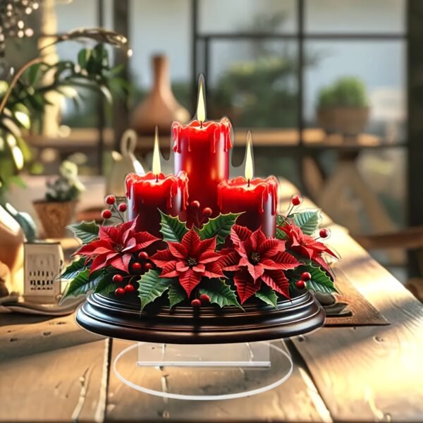 Acrylic Christmas candle centerpiece with red candle and poinsettia design for tabletop décor
