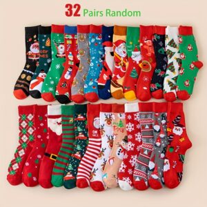 32 pairs unisex Christmas crew socks with festive patterns, soft polyester blend, and mid-calf length