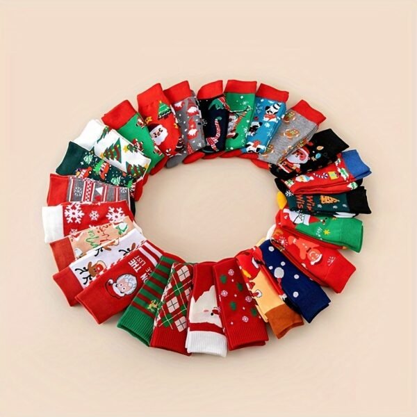 32 pairs unisex Christmas crew socks with festive patterns, soft polyester blend, and mid-calf length
