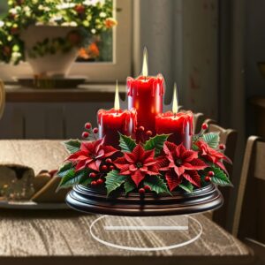 Acrylic Christmas candle centerpiece with red candle and poinsettia design for tabletop décor