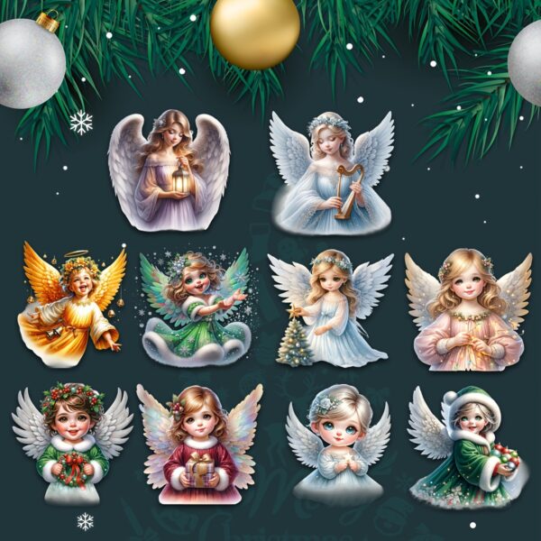 10pcs wooden Christmas angel ornaments with hanging rope for tree decorations