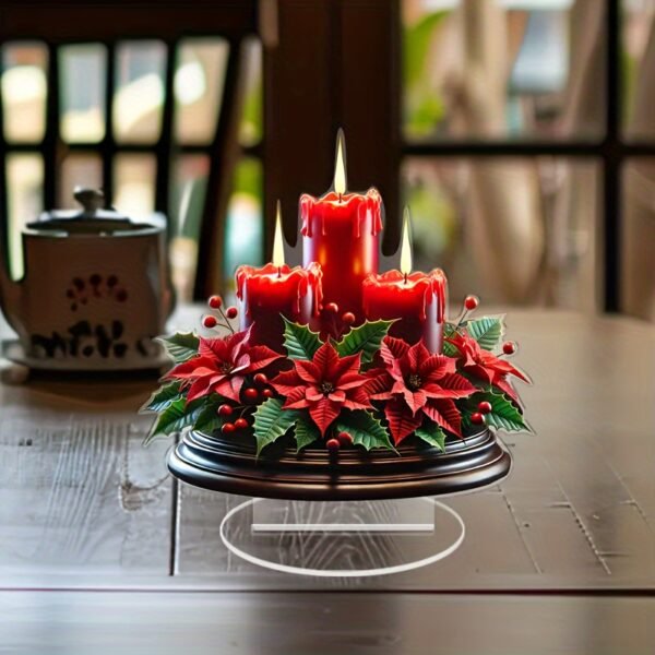 Acrylic Christmas candle centerpiece with red candle and poinsettia design for tabletop décor