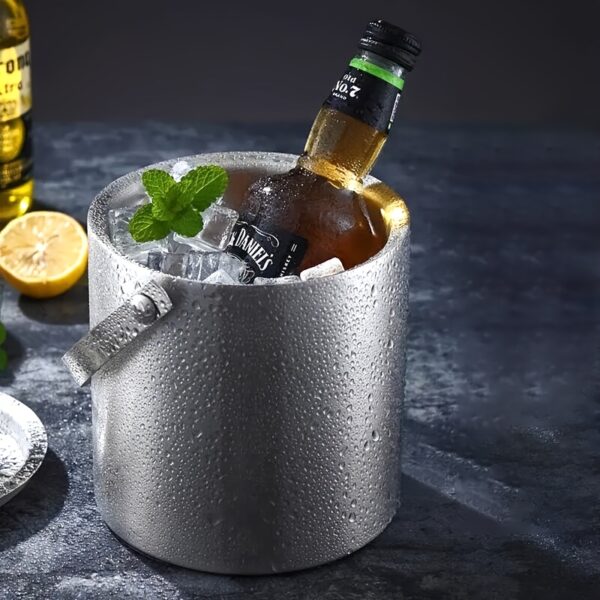 Large capacity stainless steel double-walled ice bucket with lid for champagne, beer, and wine.