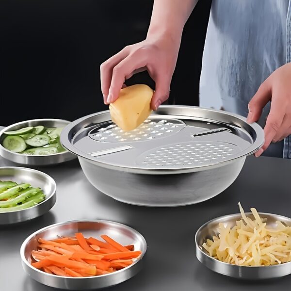 3pcs Stainless Steel Kitchen Set including slicer and strainer for efficient food preparation.