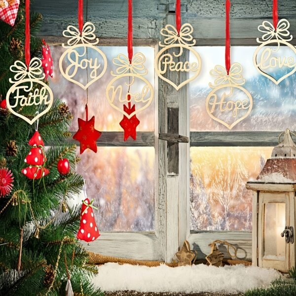 6-piece set of Christmas tree wooden ornaments, hollow-cut with inspirational words (Peace, Faith, Joy, Noel, Love, Hope) – festive wood decor.