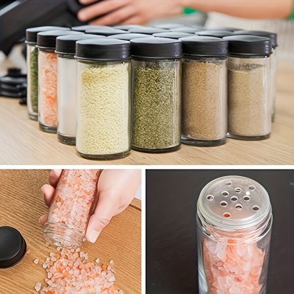 360° rotating spice rack with 18 glass jars, designed for easy access and space-saving storage.