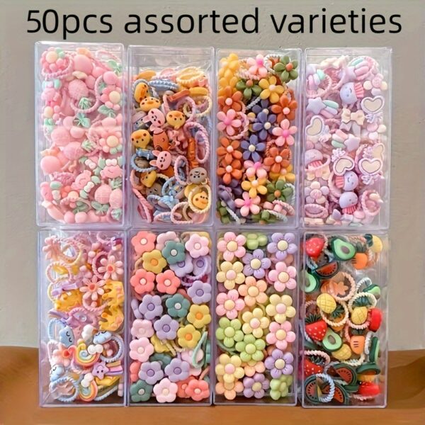 50pcs Cute Cartoon Thumb Hair Ties - Non-Damaging Elastic Rubber Bands for Styling, Plastic Material, Casual Style.