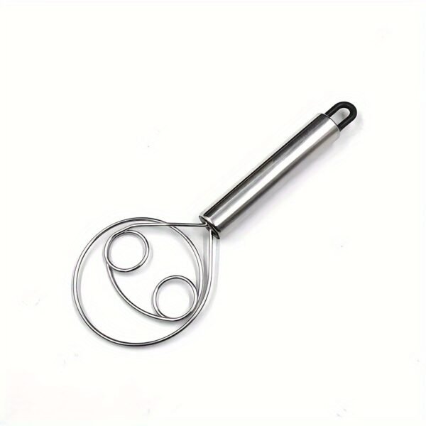 Stainless steel whisk with double-eye rings, perfect for mixing flour, beating cream, and dough mixing in baking and cooking.