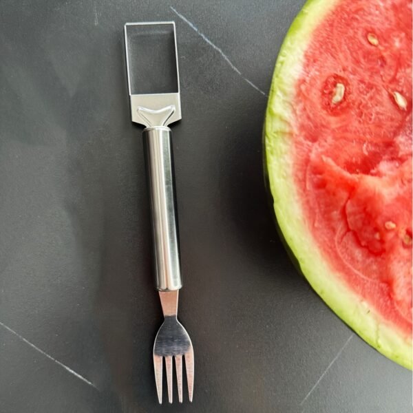 2-in-1 stainless steel watermelon slicer and fork, designed for easy and efficient cutting and serving of watermelon.
