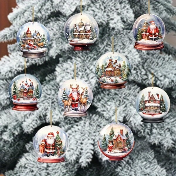9-piece set of Christmas crystal and rustic wooden ornaments, featuring festive figures, perfect for vintage-style holiday tree and home decor.