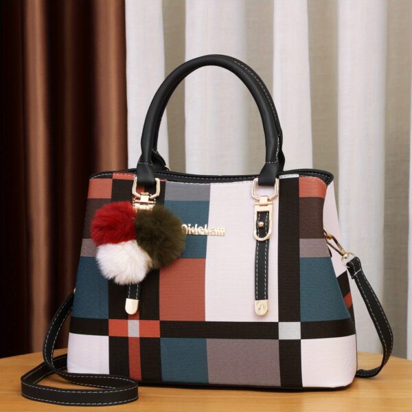 Color stitching plaid crossbody bag, PU leather textured purse, classic versatile fashion shoulder bag for everyday use.