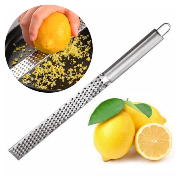 Durable stainless steel dual-sided lemon zester with comfort grip handle, ideal for citrus, cheese, and chocolate.