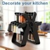 360° rotating spice rack with 18 glass jars, designed for easy access and space-saving storage.