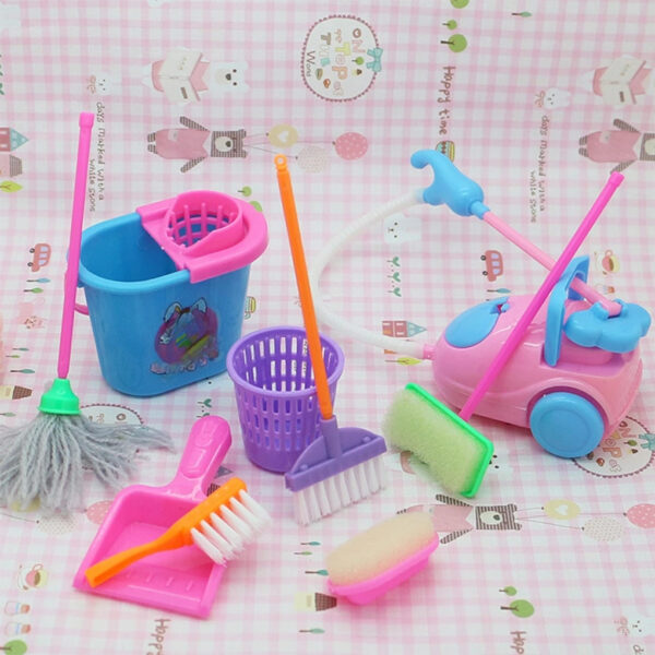 Princess dollhouse cleaning kit with 9 mini doll accessories, perfect educational toy gift for Christmas and Halloween.