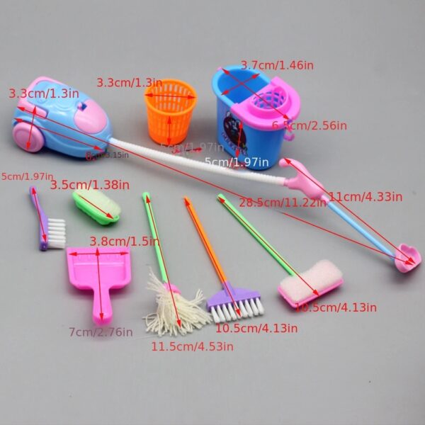 Princess dollhouse cleaning kit with 9 mini doll accessories, perfect educational toy gift for Christmas and Halloween.