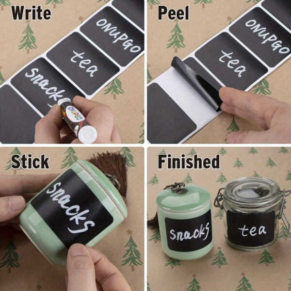 120pcs chalkboard labels set, waterproof reusable blackboard stickers with 1 liquid chalk marker for jars, storage, and home organization.