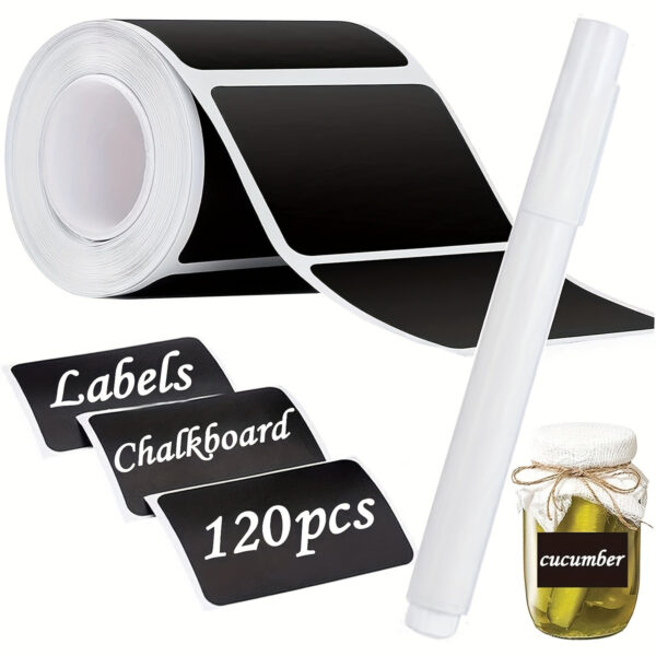 120pcs chalkboard labels set, waterproof reusable blackboard stickers with 1 liquid chalk marker for jars, storage, and home organization.