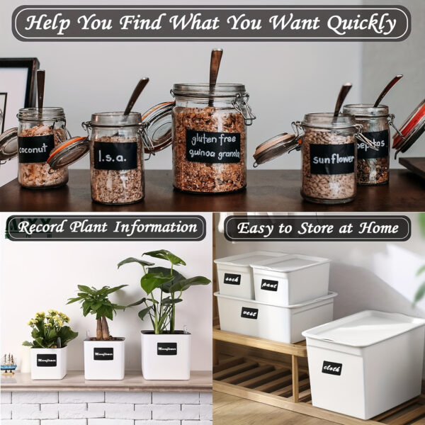 120pcs chalkboard labels set, waterproof reusable blackboard stickers with 1 liquid chalk marker for jars, storage, and home organization.