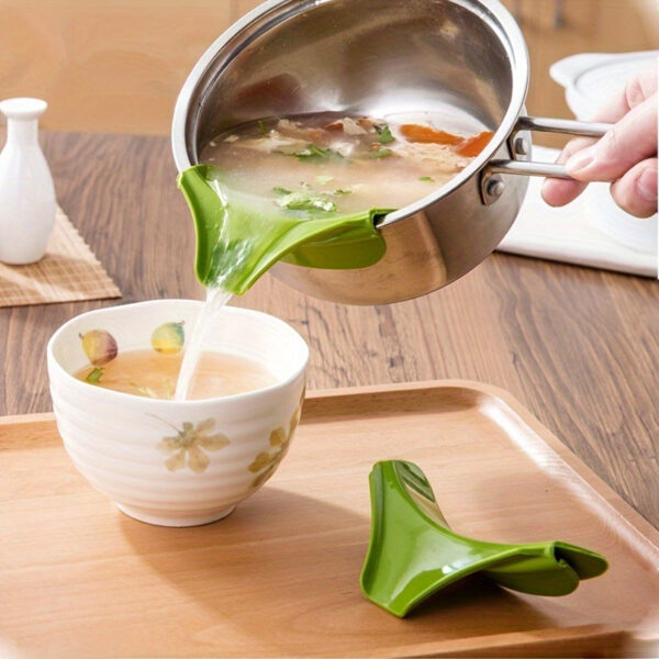 Anti-spill plastic soup funnel designed for pouring soups and liquids without mess.