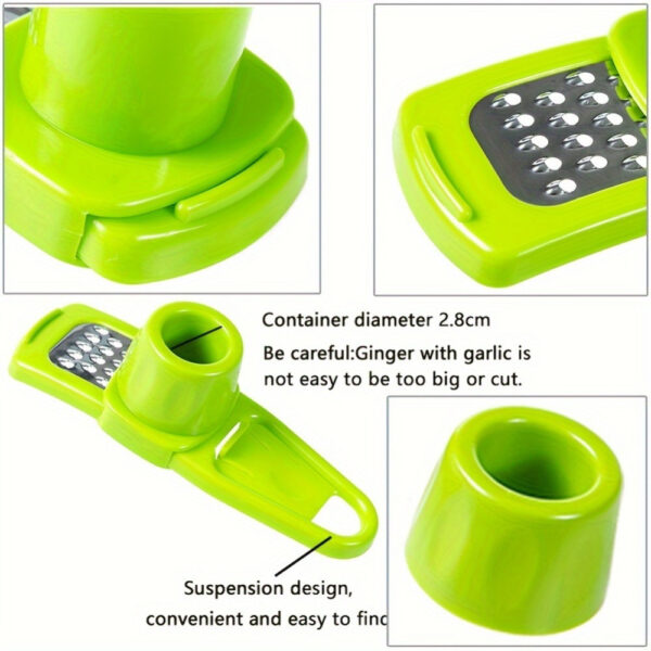 Manual garlic press and grater tool for crushing and grating garlic and ginger.