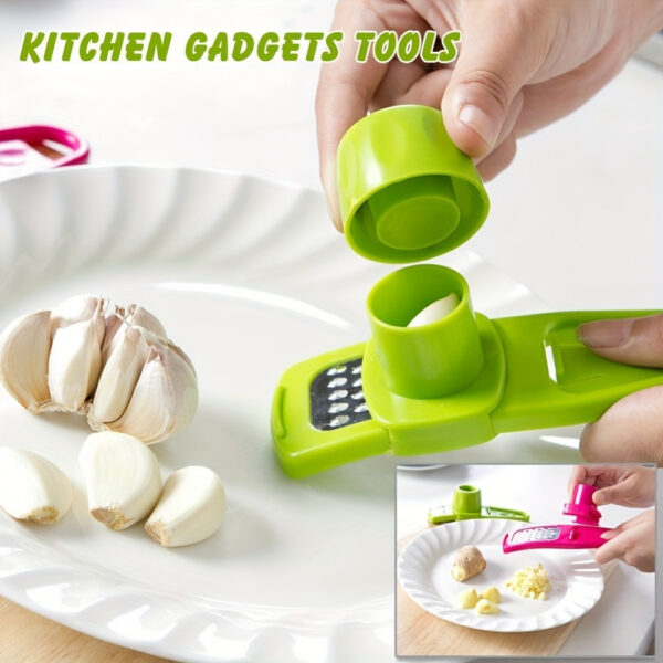 Manual garlic press and grater tool for crushing and grating garlic and ginger.