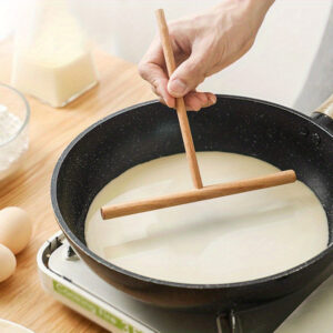 Bamboo T-shaped pancake spreader, reusable and easy to clean, perfect for home and professional use.