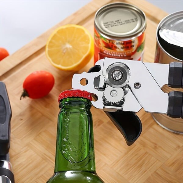 3-in-1 multifunctional can opener, jar and bottle opener designed for seniors and weak hands, ideal for kitchen and restaurant use.
