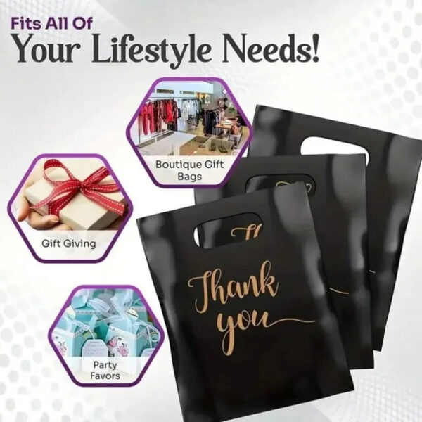 100pcs black reusable plastic shopping bags, perfect for thank you gifts, Christmas, parties, stores, and boutiques.