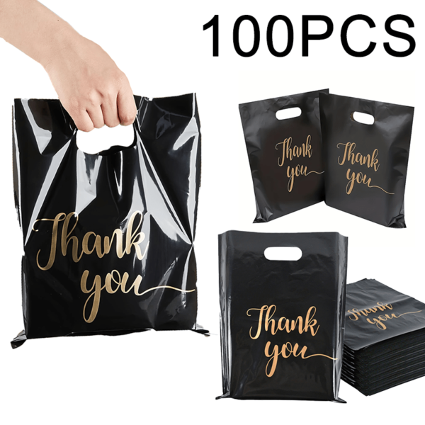 100pcs black reusable plastic shopping bags, perfect for thank you gifts, Christmas, parties, stores, and boutiques.