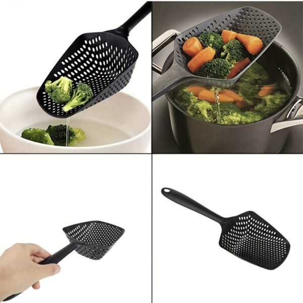 Green plastic strainer spoon with a long handle for draining liquids and scooping food.