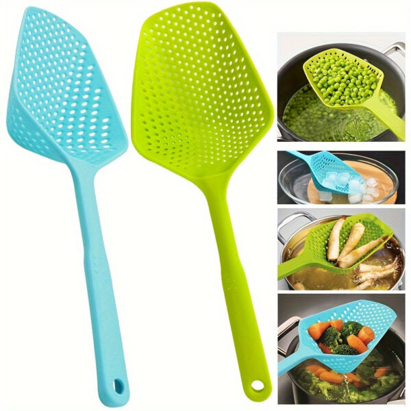 Green plastic strainer spoon with a long handle for draining liquids and scooping food.