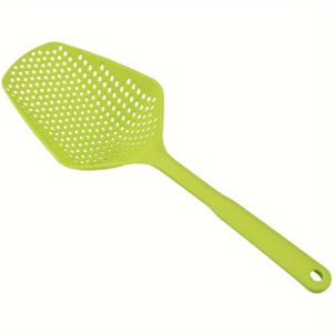 Green plastic strainer spoon with a long handle for draining liquids and scooping food.