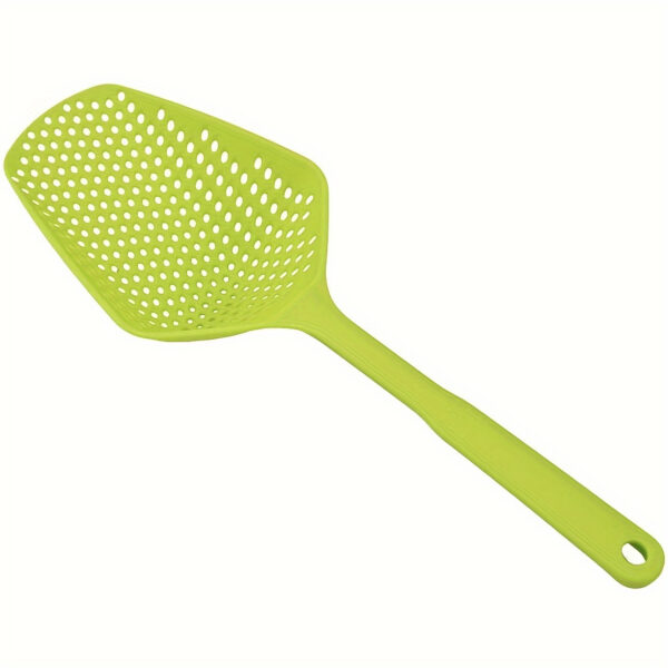 Green plastic strainer spoon with a long handle for draining liquids and scooping food.