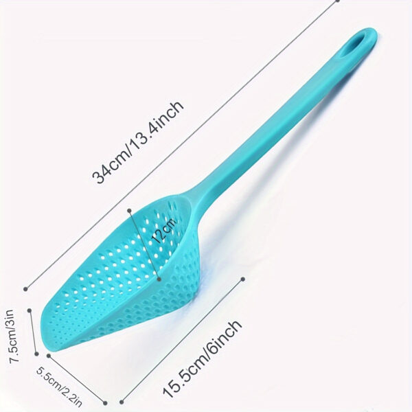 Green plastic strainer spoon with a long handle for draining liquids and scooping food.