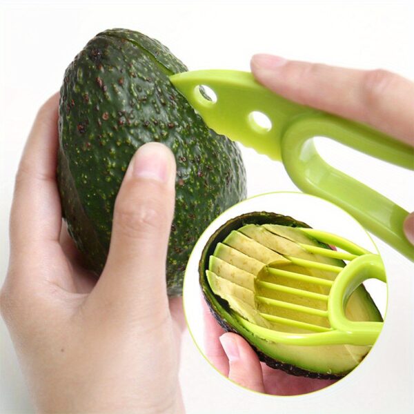 Multifunctional avocado slicer and peeler tool with ergonomic handle for easy cutting and peeling.