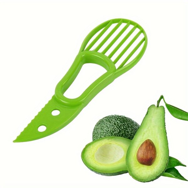 Multifunctional avocado slicer and peeler tool with ergonomic handle for easy cutting and peeling.