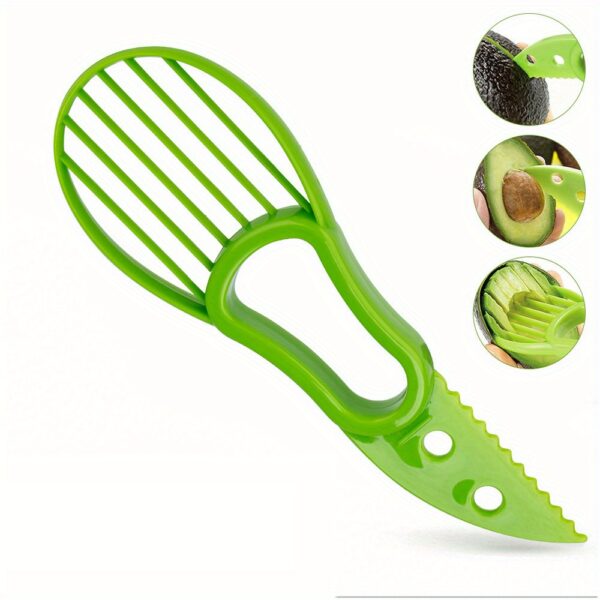 Multifunctional avocado slicer and peeler tool with ergonomic handle for easy cutting and peeling.