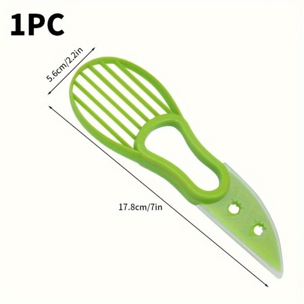 Multifunctional avocado slicer and peeler tool with ergonomic handle for easy cutting and peeling.