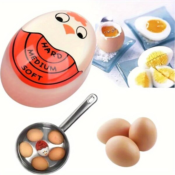 Color-changing egg timer that indicates cooking progress without batteries.