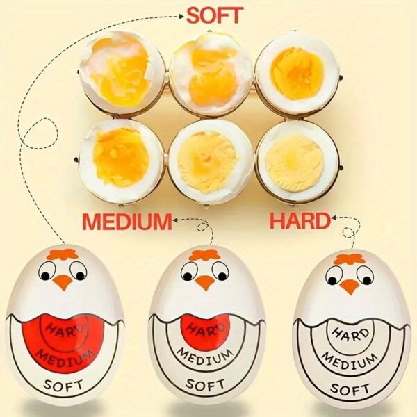 Color-changing egg timer that indicates cooking progress without batteries.