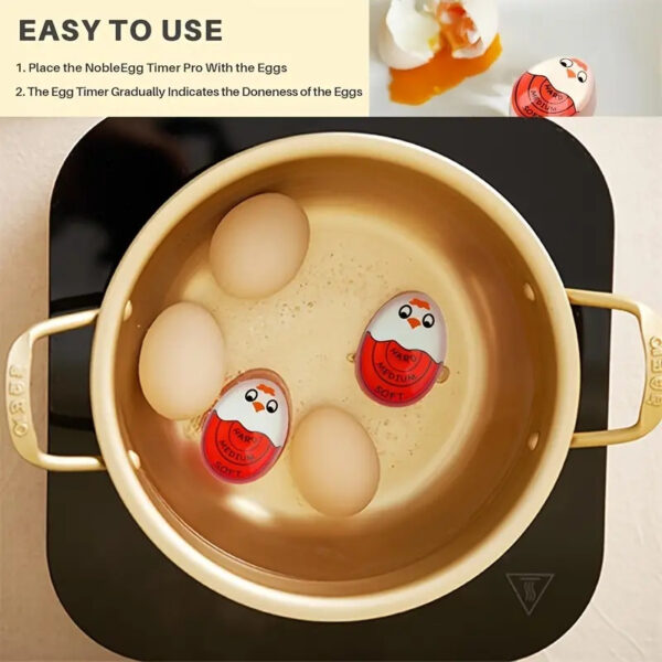 Color-changing egg timer that indicates cooking progress without batteries.