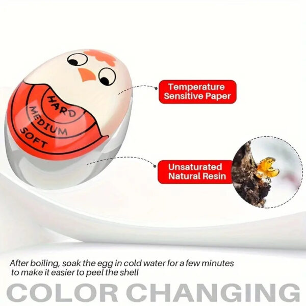 Color-changing egg timer that indicates cooking progress without batteries.