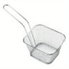 Stainless steel frying basket with a built-in strainer for frying and draining food.
