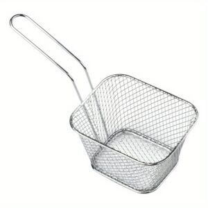 Stainless steel frying basket with a built-in strainer for frying and draining food.