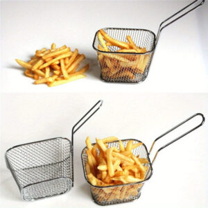 Stainless steel frying basket with a built-in strainer for frying and draining food.