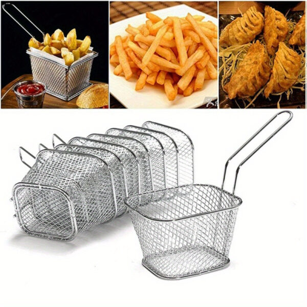 Stainless steel frying basket with a built-in strainer for frying and draining food.