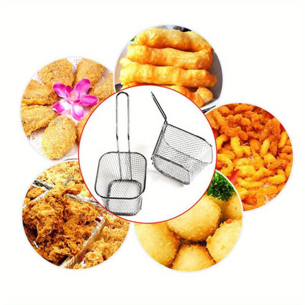 Stainless steel frying basket with a built-in strainer for frying and draining food.