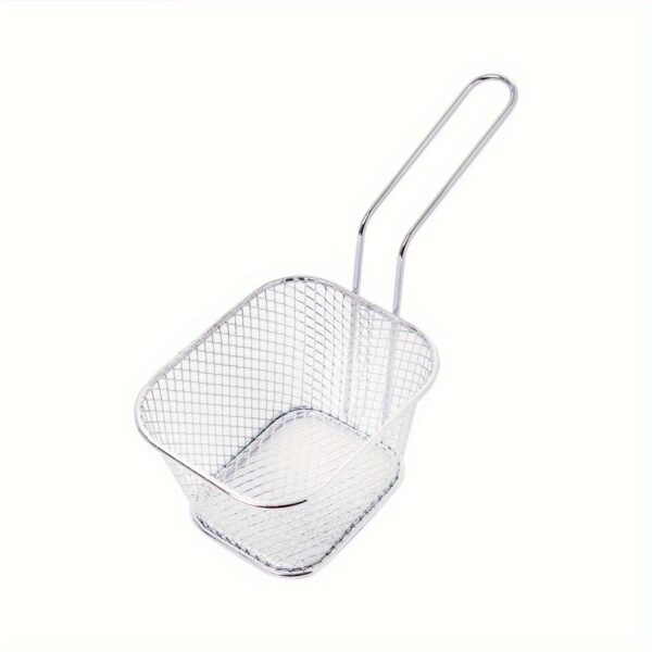 Stainless steel frying basket with a built-in strainer for frying and draining food.