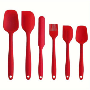 Heat-resistant silicone kitchen utensil set including spatulas and an oil brush for cooking.