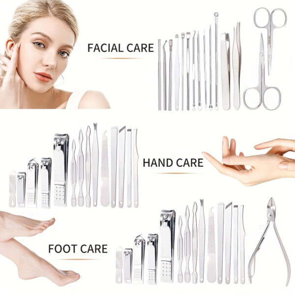 7-piece nail clipper set with anti-splash design, stainless steel nail clippers, acne needle, and nail file for home use.